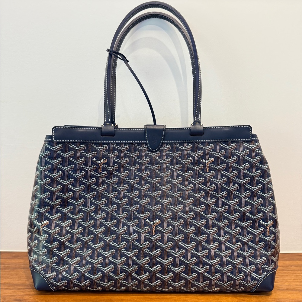 Goyard bellachase tote in navy blue with brown and white accents